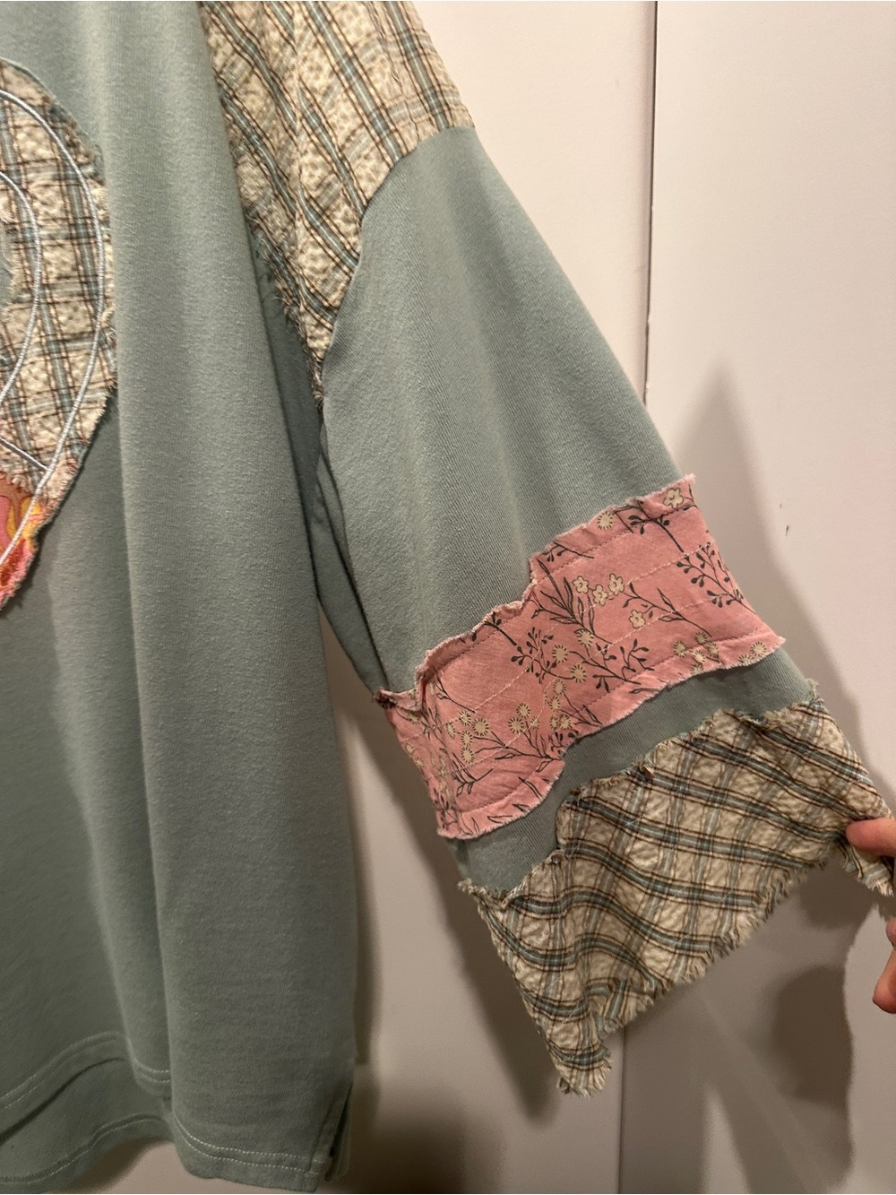 easel Sage Green Patchwork Heart Pullover with Pink Accents - Large (oversized) - Picture 5 of 9